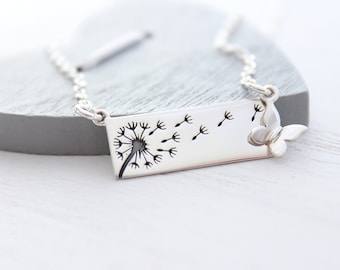 Dandelion Necklace in Sterling Silver with butterfly charm necklace • silver bar necklace • wish necklace •  Mom necklace