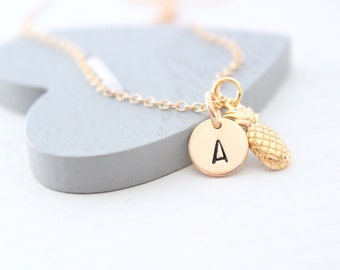 Pineapple Necklace gold with Initial charm, initial Necklace, gold Pineapple Necklace, Tropical necklace