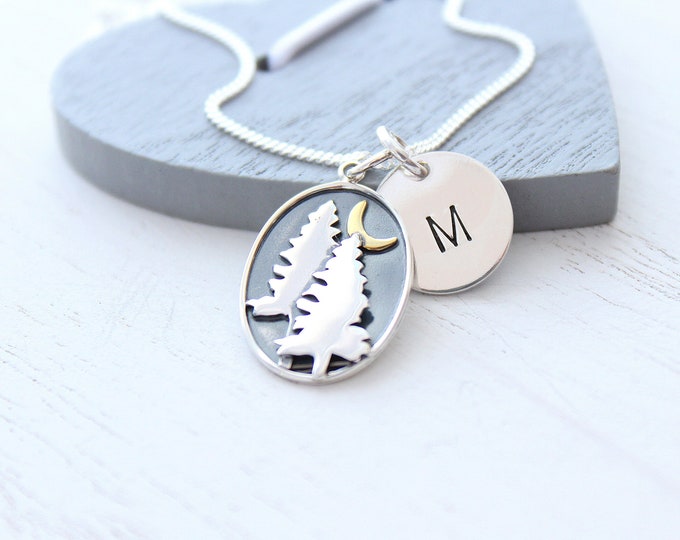 Tree Necklace Moon Necklace, Sterling Silver Celestial Pendants Necklace with Initial charm , Pine tree necklace, outdoor gift