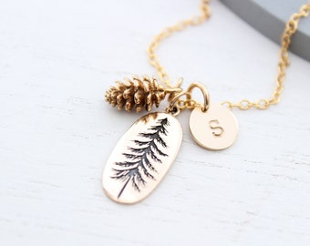 Pine Tree Necklace gold, Pinetree necklace, pinecone necklace gold with initial charm, Evergreen Necklace, Pinetree necklace, Nature jewelry