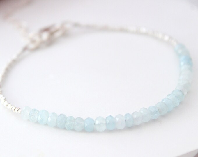 Blue Aquamarine bracelet for women , March birthstone jewelry, personalized with initial charm bracelet silver crystals Bracelet