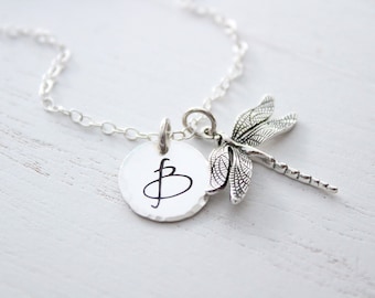 Dragonfly necklace sterling silver, Personalized jewelry, Large initial letter charm necklace, Dragonfly charm necklace