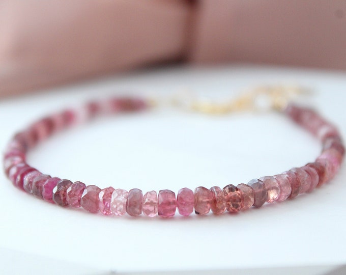 Pink tourmaline bracelet silver for women personalized with initial charm, October birthstone jewelry crystals Bracelet