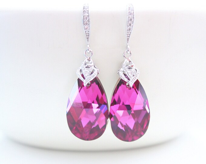 Fuschia Earrings for Bridesmaid gifts, Wedding jewelry, Dark Pink Dangle Earrings, Swarovski Crystal Earrings , Bridesmaid Earrings
