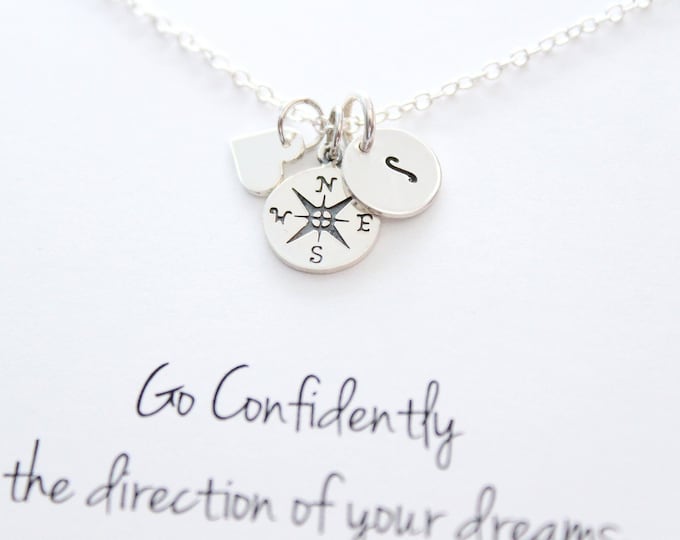 Long distance friendship gift, compass necklace silver, initial necklace, going away gift, friendship Jewelry, Personalized jewelry