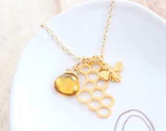 Bumble Bee Necklace gold, Honey Bee Necklace gold, Bee charm Necklace, Queen Bee Charm, Bee Jewelry, comb necklace, citrine gemstone