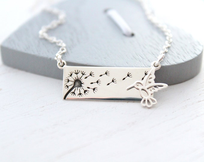Dandelion necklace silver with hummingbird necklace, wish necklace,  dandelion necklace Mother daughter, Christmas gift