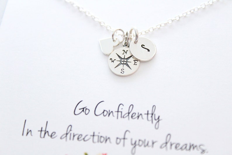 Long distance friendship gift, compass necklace silver, initial necklace, going away gift, friendship Jewelry, Personalized jewelry image 1