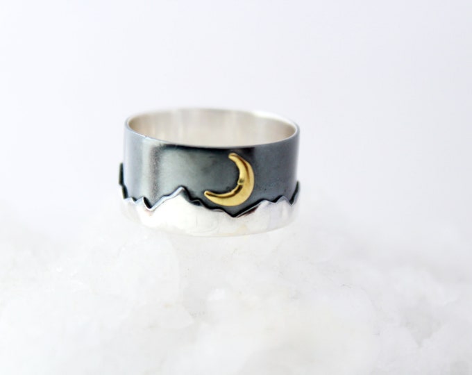 Moon Ring for women Sterling silver, Mountain Ring with Moon Bronze, crescent moon ring, Mountain silver ring band, Nature jewelry