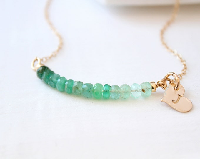 Emerald necklace with initial necklace gold, May birthstone necklace for women Gemstone bar necklace, Dainty necklace Ombre emerald