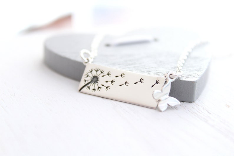 Dandelion Necklace in Sterling Silver with butterfly charm necklace silver bar necklace wish necklace Mom necklace image 3