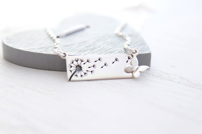 Dandelion Necklace in Sterling Silver with butterfly charm necklace silver bar necklace wish necklace Mom necklace image 4