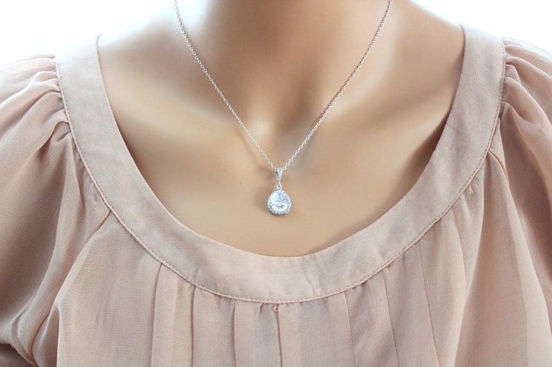 Bridal Necklace Wedding Jewelry Wedding Necklace Rose Gold Necklace Silver Necklace Cubic zirconia Necklace Teardrop Pendant Crystal necklac image 5