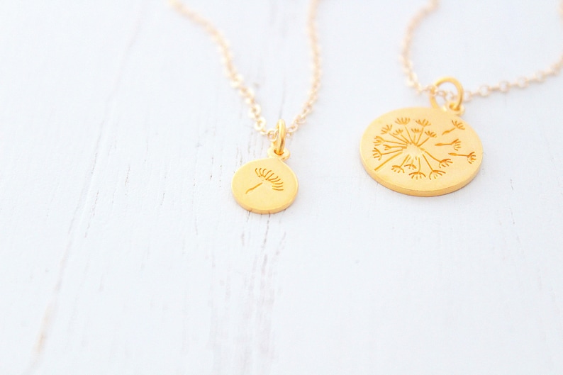 Dandelion necklace in gold for mother daughter necklace set of 2, mother daughter gift, gifts for mom from daughter, Christmas gift image 1