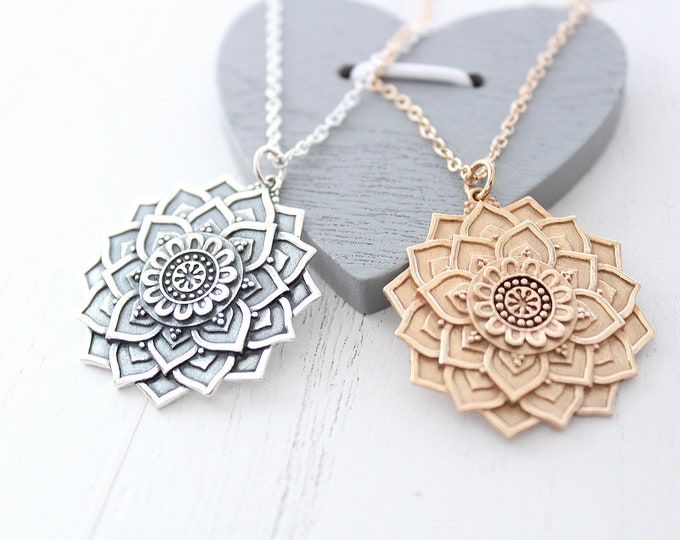 Large Mandala Necklace in silver or gold lotus mandala necklace zen jewelry charm boho bohemian jewelry yoga gift flower pendant