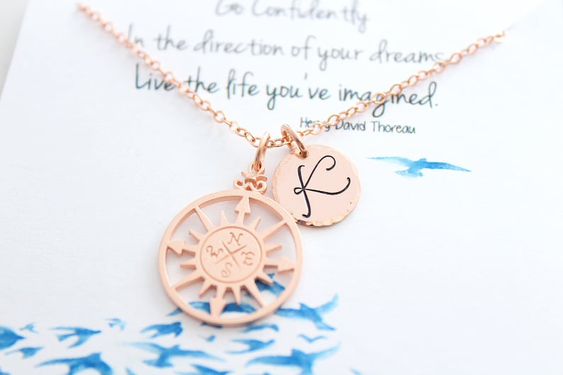 Compass Necklace . Graduation Gift . Inspirational necklace for Graduation. Rose gold necklace image 1