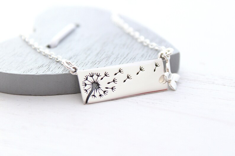 Dandelion Necklace in Sterling Silver with butterfly charm necklace silver bar necklace wish necklace Mom necklace image 2