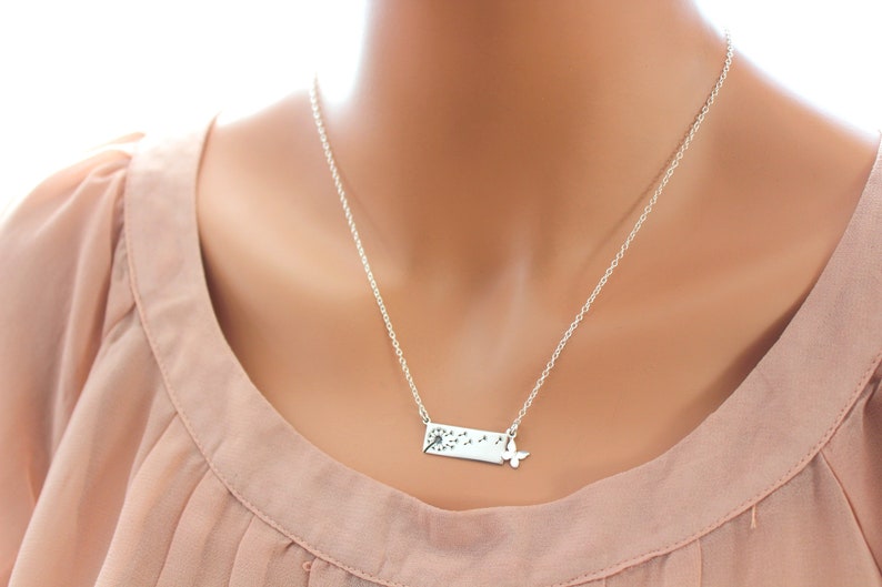 Dandelion Necklace in Sterling Silver with butterfly charm necklace silver bar necklace wish necklace Mom necklace image 8