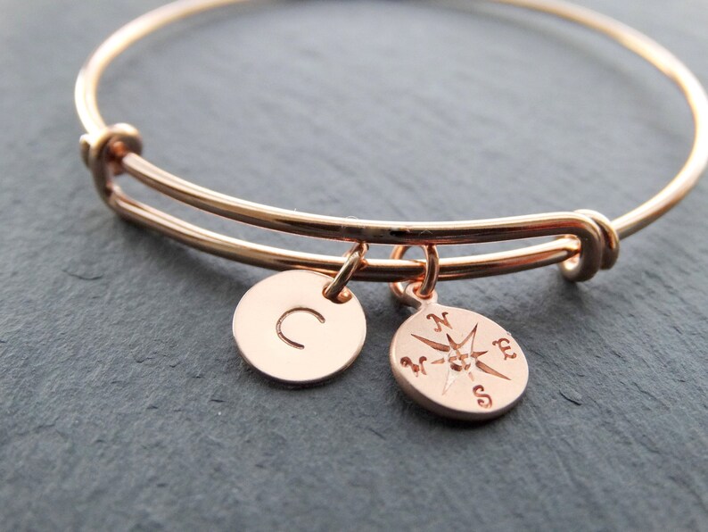 Bangle Bracelet with charms rose gold Compass Bracelet initial Etsy