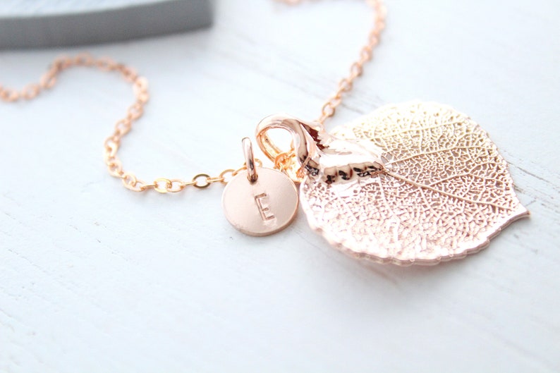 Leaf Necklace in Rose Gold Leaf With Initial Necklace Real Etsy