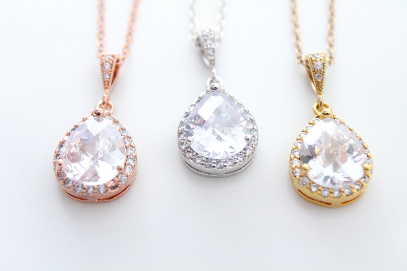 Bridal Necklace Wedding Jewelry Wedding Necklace Rose Gold Necklace Silver Necklace Cubic zirconia Necklace Teardrop Pendant Crystal necklac image 3