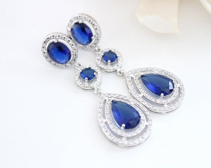Blue bridal earrings, gold bridal drop earrings, Wedding earrings for bride earrings, Crystal earrings, Wedding Jewelry