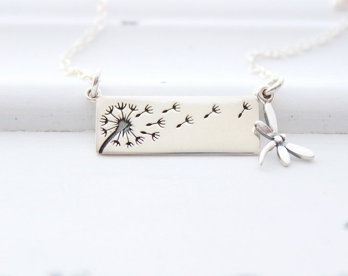 Dandelion Necklace Sterling Silver, Dragonfly charm necklace, wish  necklace, sterling silver dandelion, Christmas Gift for her