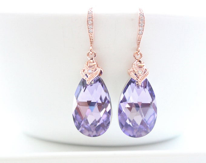 Light purple dangle earrings Rose gold  Crystal Swarovski, Bridesmaid gifts, Wedding jewelry, Bridal Earrings