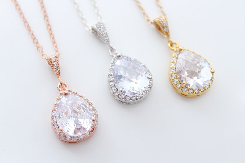 Bridal Necklace Wedding Jewelry Wedding Necklace Rose Gold Necklace Silver Necklace Cubic zirconia Necklace Teardrop Pendant Crystal necklac image 1