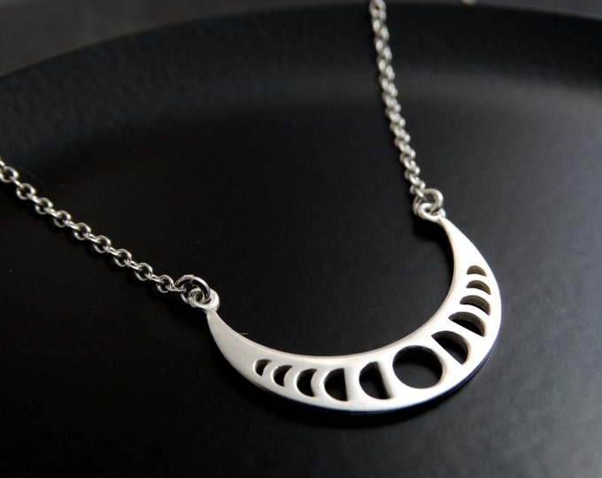 Moon Phase Necklace Sterling Silver, Celestial Necklace, Moon Phase Jewelry, Silver Moon Necklace, Astronomy Jewelry Lunar Necklace