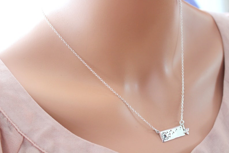 Dandelion Necklace in Sterling Silver with butterfly charm necklace silver bar necklace wish necklace Mom necklace image 9