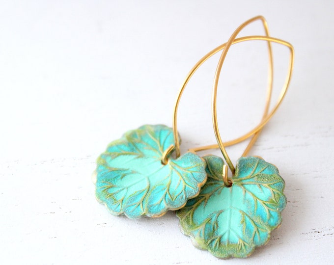 Green Leaf Earrings Lily Pad earrings, Dangle earrings Boho Earrings art nouveau earrings, minimalist earrings