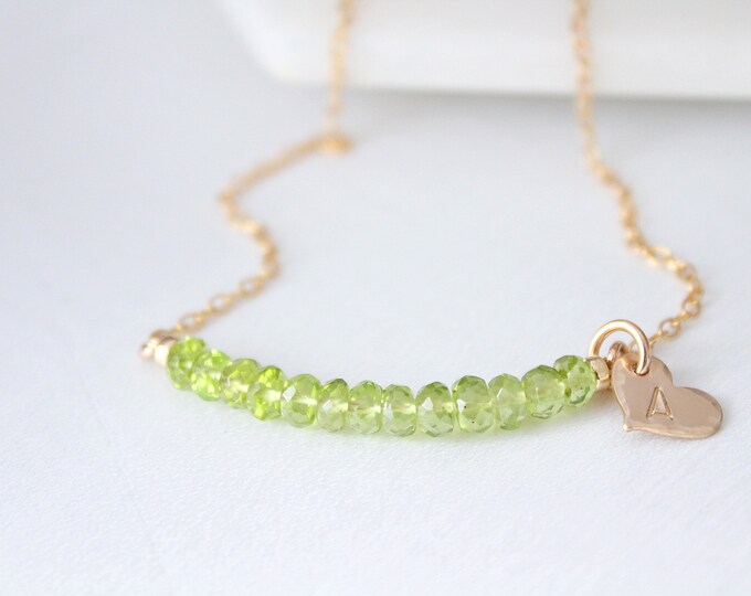 Peridot Necklace with initial charm, August Birthstone Jewelry, Raw Crystal Necklace Gift For Her Gemstone bar necklace