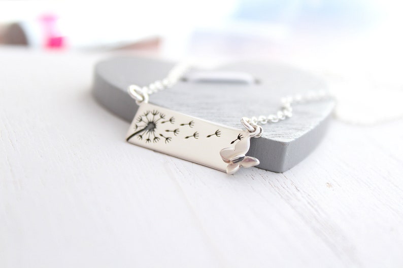 Dandelion Necklace in Sterling Silver with butterfly charm necklace silver bar necklace wish necklace Mom necklace image 6