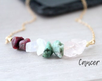 Zodiac necklace Cancer gold , July Birthstone Necklace Natural Raw crystal necklace Gemstone, Zodiac Sign Jewelry Birthday Gifts