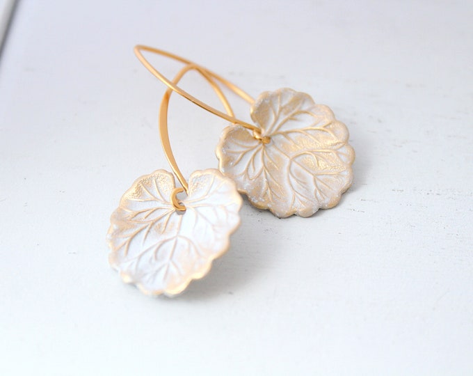 Leaf Earrings gold Lily Pad earrings, Boho Earrings art nouveau earrings, White patina Earrings