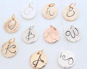 Large Initial charm hammered sterling silver pendant, silver initial gold or rose gold, personalized letter charm, large font cursive