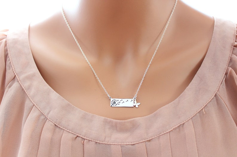 Dandelion Necklace in Sterling Silver with butterfly charm necklace silver bar necklace wish necklace Mom necklace image 7