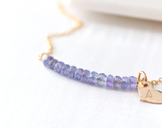 Tanzanite necklace with initial necklace gold or silver, December birthstone necklace for women Gemstone bar necklace, Dainty necklace