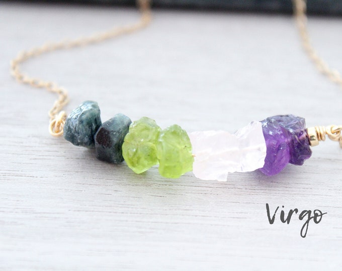 Raw crystal necklace gold, Zodiac necklace Virgo, Healing crystal necklace Birthstone Necklace  September Birthday Gift