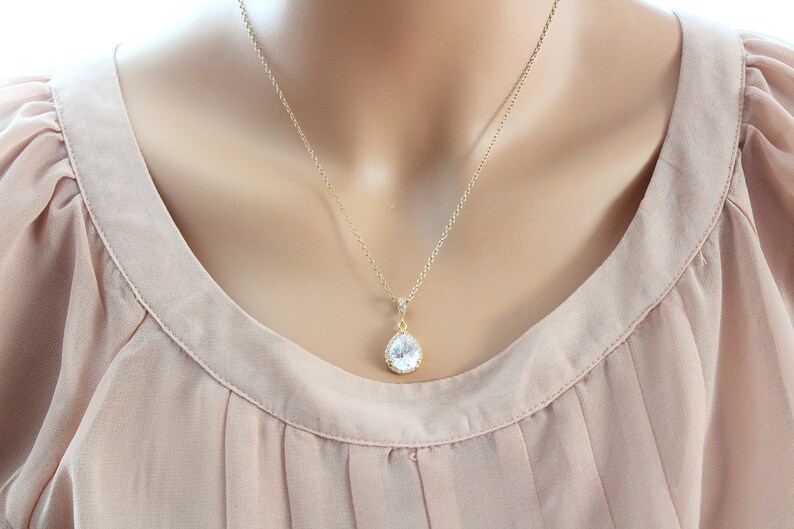 Bridal Necklace Wedding Jewelry Wedding Necklace Rose Gold Necklace Silver Necklace Cubic zirconia Necklace Teardrop Pendant Crystal necklac image 6