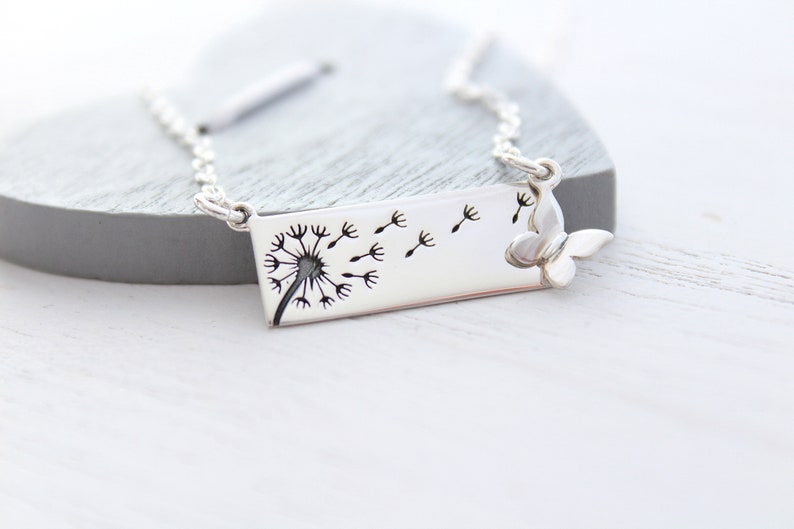 Dandelion Necklace in Sterling Silver with butterfly charm necklace silver bar necklace wish necklace Mom necklace image 1