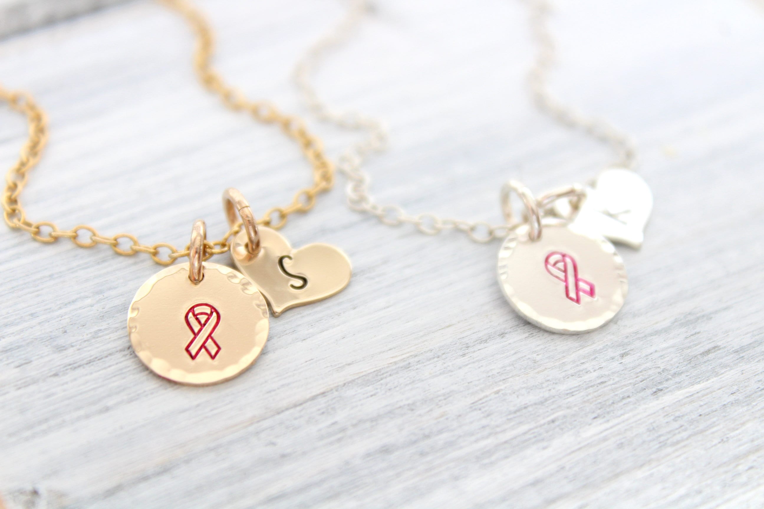 14k Gold Engravable Breast Cancer Ribbon Necklace | Tiny Tags