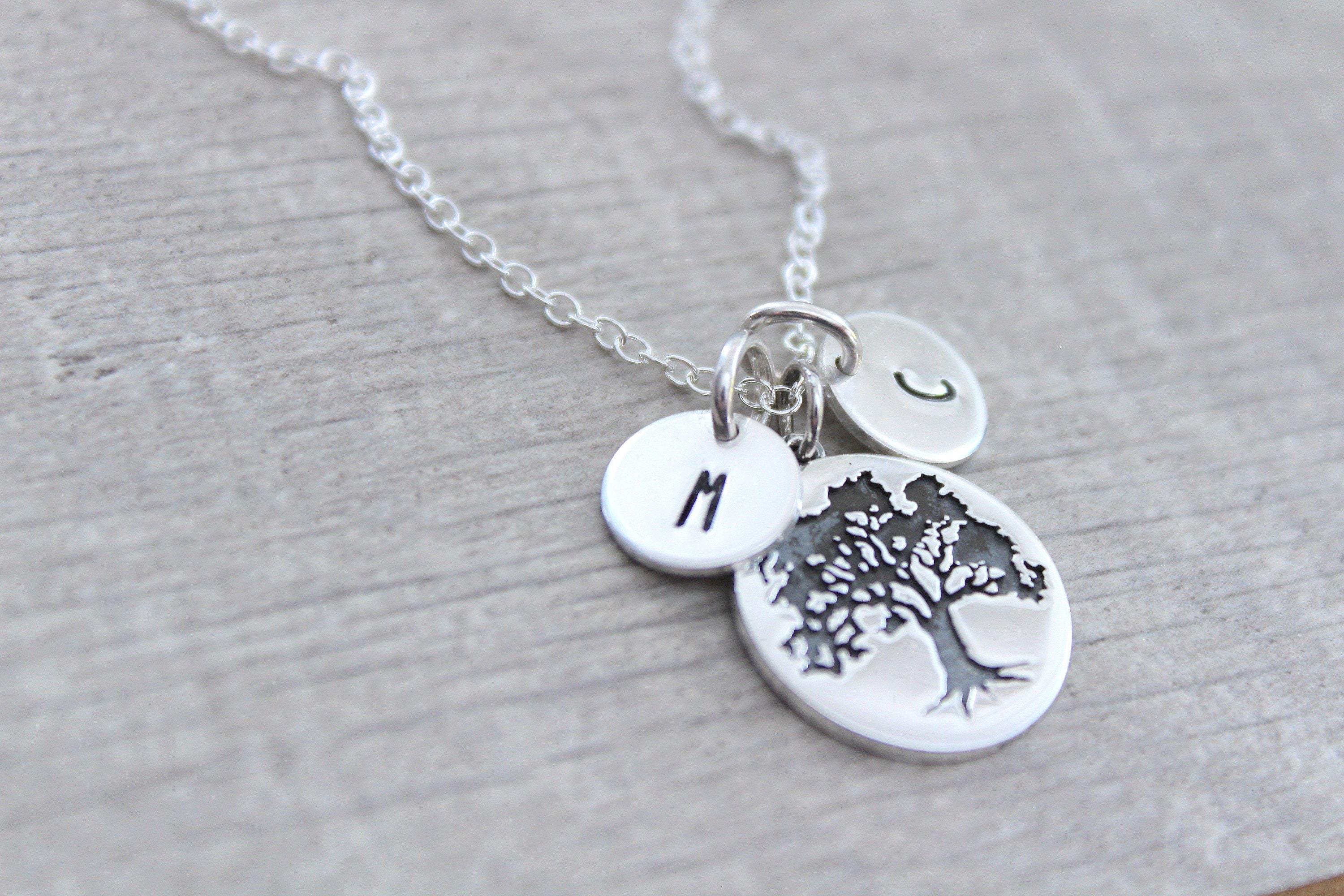 Oak Tree Necklace in Sterling Silver - Hand Pierced Design w/ Leaves &  Initials by EWDJewelry - Nature Inspired Gift