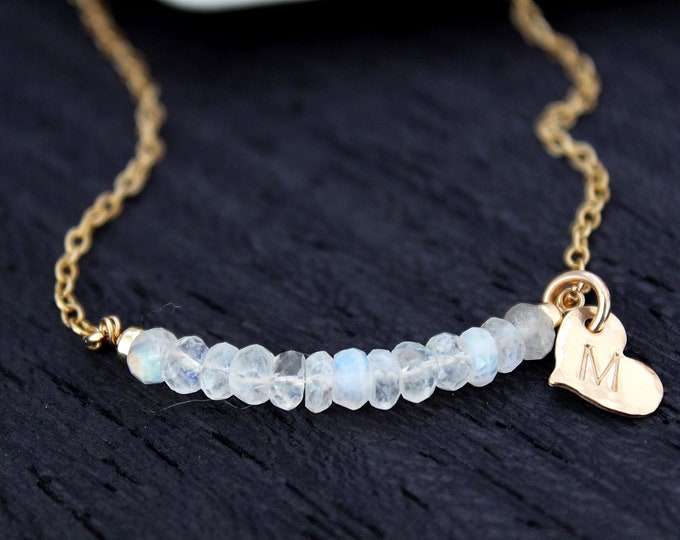 Moonstone necklace with initial for women, Rainbow moonstone necklace gold Raw Moonstone, Healing Gemstone June birthstone necklace