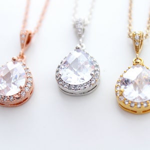 Bridal Necklace Wedding Jewelry Wedding Necklace Rose Gold Necklace Silver Necklace Cubic zirconia Necklace Teardrop Pendant Crystal necklac image 2