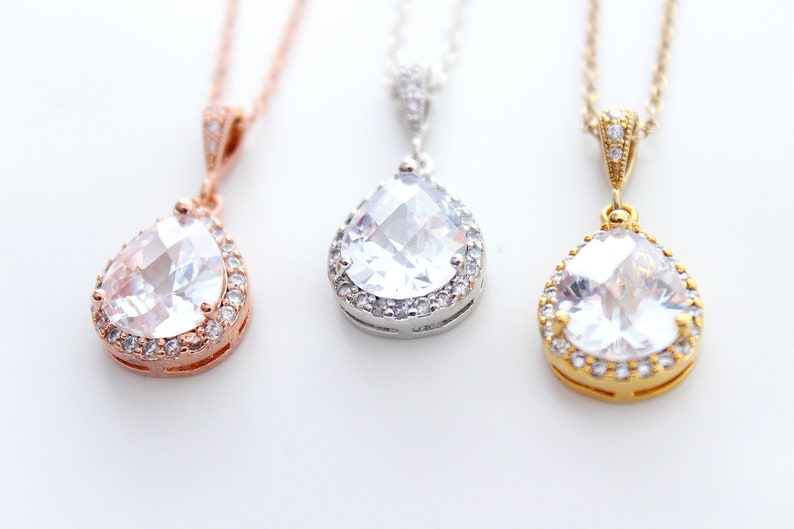 Bridal Necklace Wedding Jewelry Wedding Necklace Rose Gold Necklace Silver Necklace Cubic zirconia Necklace Teardrop Pendant Crystal necklac image 2