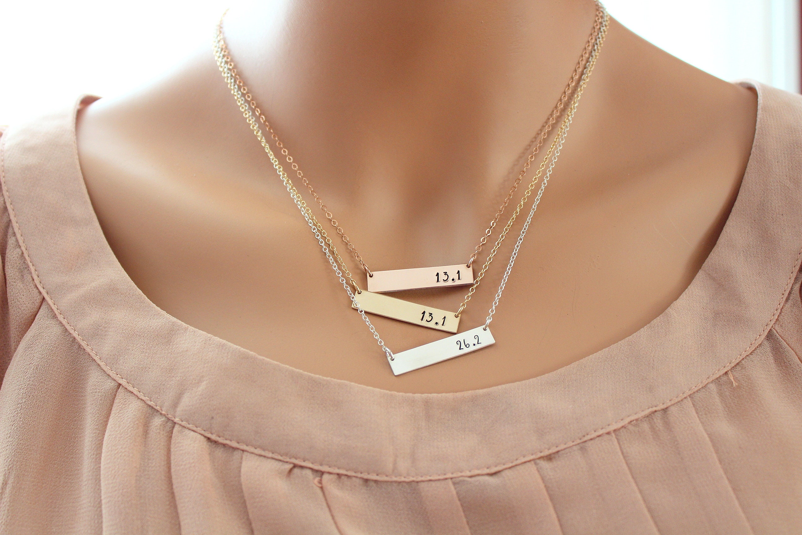 marathon jewelry, gift for runner, 13.1 , 26.2 miles, Gold bar necklace