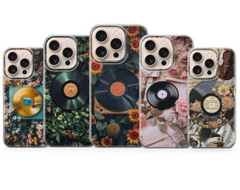 Schallplatte Hülle Floral retro Cover für iPhone 17 Pro Max, 16e, 15, 14, 13 & Samsung S26 Ultra, S25 FE, A57, A56, Pixel 10, 9A