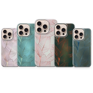 May include: Five smartphone cases arranged in a row, each featuring a distinct background color including light pink, teal, white, dark green, and blue-grey. Every case displays a repeating pattern of delicate, thin-lined botanical leaf veins.